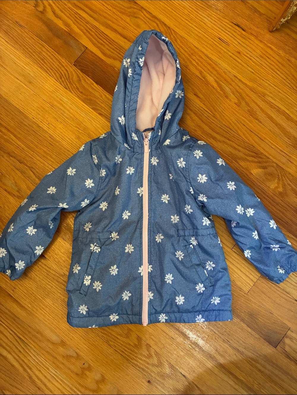 Girls' Blue Floral Hooded Raincoat with Pink Lining